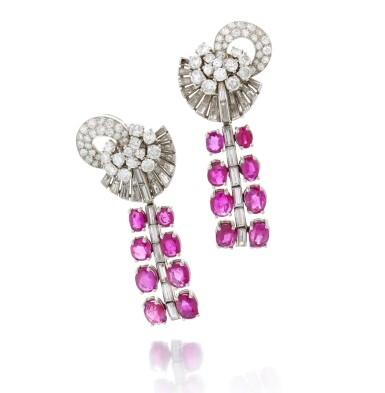 View full screen - View 1 of Lot 40. Pair of ruby and diamond pendant earrings (Paio di orecchini pendenti in rubini e diamanti) .