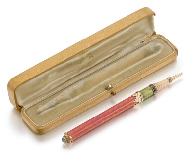 View full screen - View 1 of Lot 33. A Fabergé jewelled and guilloché enamel gold-mounted pencil holder, workmaster Michael Perchin, St Petersburg, 1899-1903.