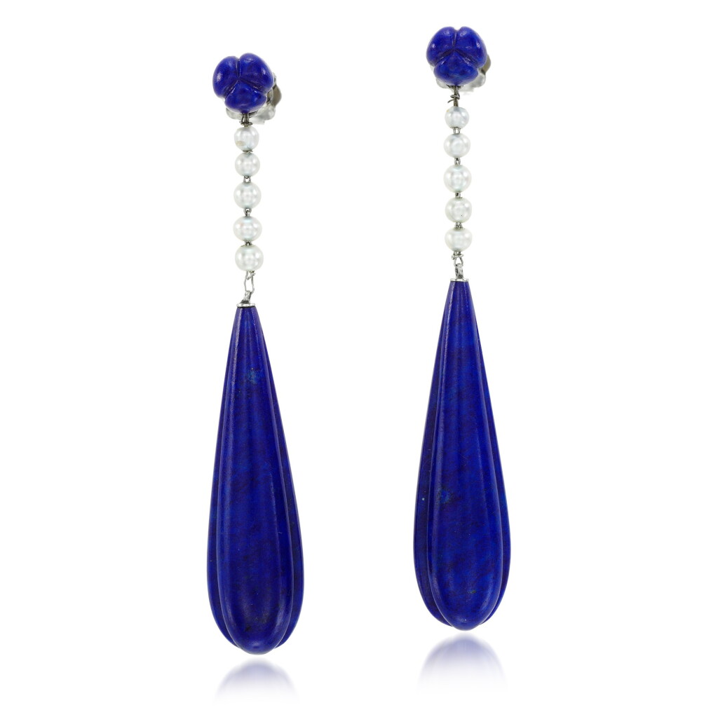 View full screen - View 1 of Lot 4. Pair of lapis lazuli and seed pearl earrings, 1920s.