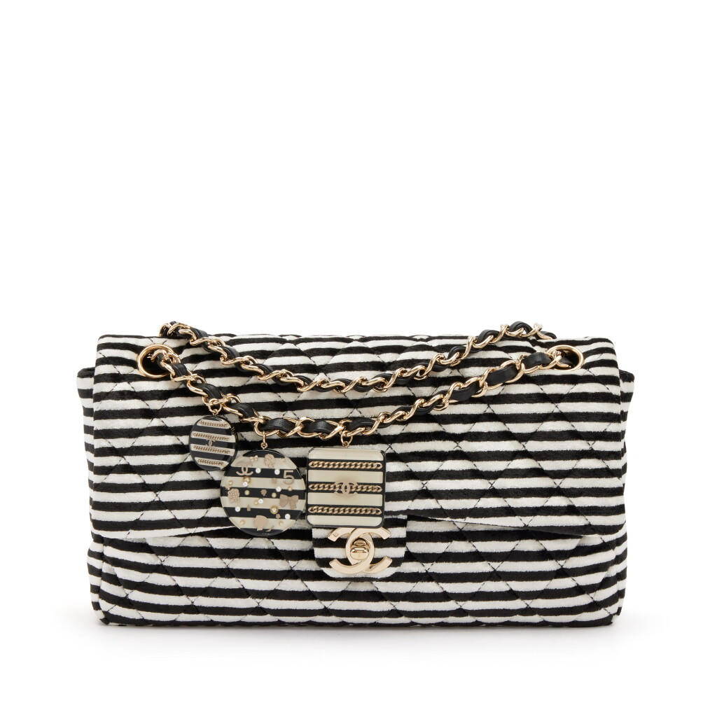 View full screen - View 1 of Lot 190. Black and White Quilted Striped Velvet Charms Medium Single Flap Bag Gold Hardware, 2006-2008.