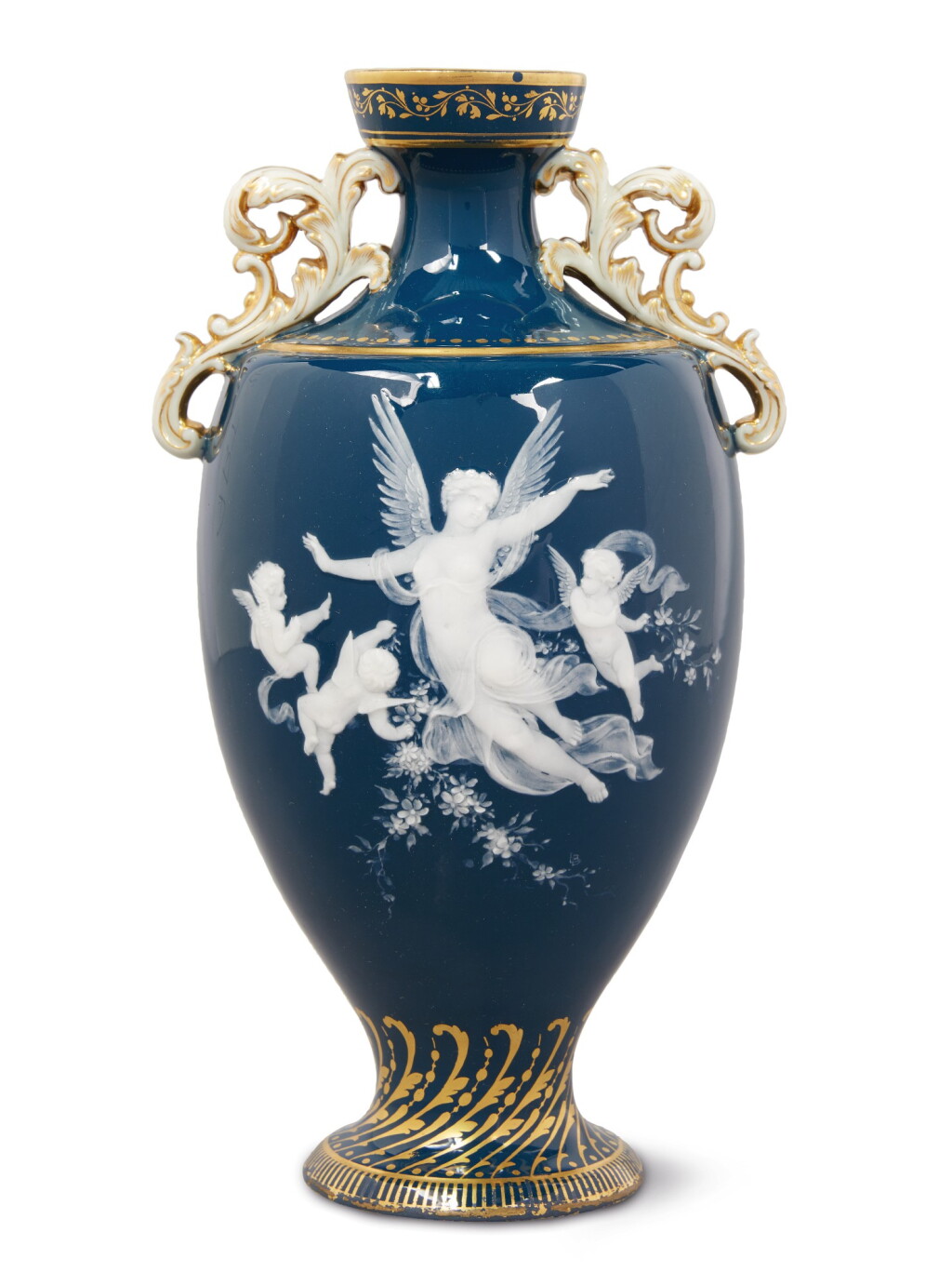 View full screen - View 1 of Lot 367. A MINTONS PÂTE-SUR-PÂTE PEACOCK-BLUE-GROUND TWO-HANDLED VASE, 1894.