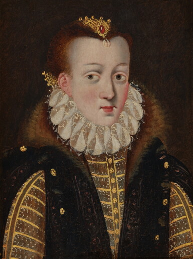 View full screen - View 1 of Lot 346. Portrait of a lady, bust length, in a gold embroidered dress, fur, and jeweled cap.