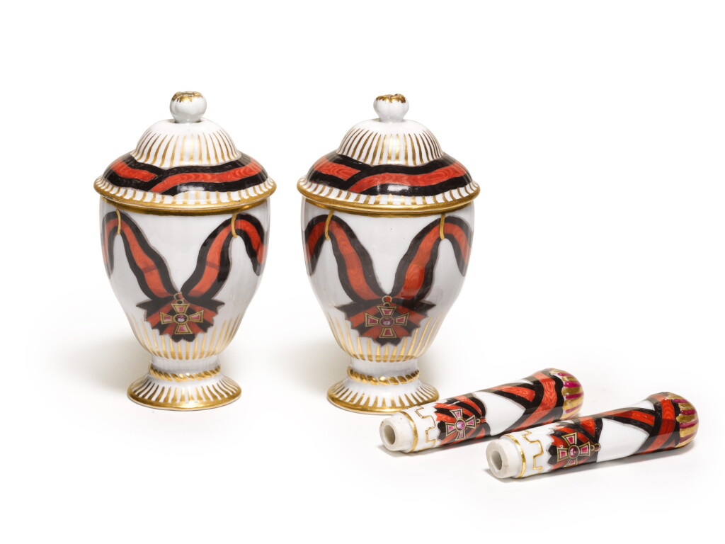 View full screen - View 1 of Lot 174. TWO RARE PORCELAIN COVERED ICE CUPS AND TWO PORCELAIN HANDLES FROM THE SERVICE OF THE ORDER OF ST VLADIMIR, GARDNER PORCELAIN FACTORY, VERBILKI, CIRCA 1780.