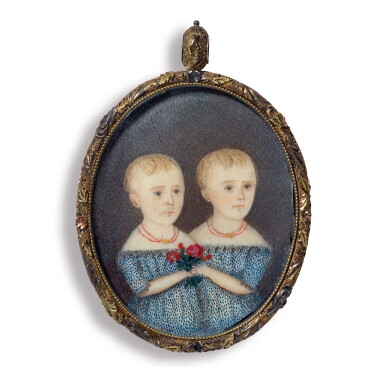View full screen - View 1 of Lot 1731. AMERICAN SCHOOL, 19TH CENTURY | MINIATURE PORTRAIT OF THE LATHAM TWINS FROM THE BENJAMIN FAMILY.
