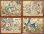 A set of four Italian silk, embroidered and watercolour applique panels, second quarter 18th century