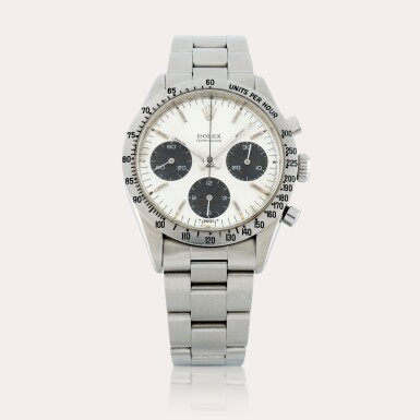 View full screen - View 1 of Lot 231. Retailed by Serpico y Laino: Daytona, Reference 6239 | A stainless steel chronograph wristwatch with bracelet and 'S&L Acero' signed case back | Circa 1965.