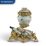 A Gilt Bronze-Mounted Chinese Famille Verte Porcelain Pot-Pourri Vase, Supported by a Chinese Figure, 19th Century