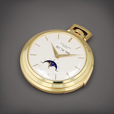 View full screen - View 1 of Lot 75. 'American Calendar', Reference 844 | A yellow gold open-faced minute repeater and in-line perpetual calendar pocket watch with moon phases | Made in 1930 | 百達翡麗 | 'American Calendar' 型號844 | 黃金三問報時及直式萬年曆懷錶,備月相顯示,製作年份1930.