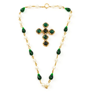 View full screen - View 1 of Lot 370. Set of Two: Long Necklace by Victoire de Castellane, ca. 1983 and Green Glass Cabochons Cross Brooch by Gripoix, Fall 1994 .