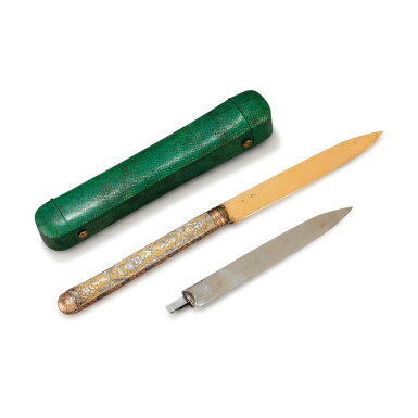 View full screen - View 1 of Lot 7. A gold-mounted gilt steel and silver two-blade knife, Paris, the handle circa 1740, the blades circa 1845 | Couteau à deux lames monté en argent en argent et acier doré, Paris, le manche vers 1740, les lames vers 1845.