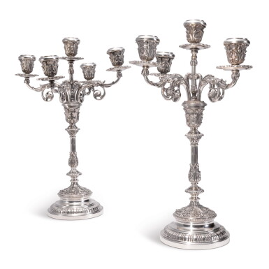 View full screen - View 1 of Lot 370. A PAIR OF ITALIAN SILVER FIVE-LIGHT CANDELABRA, BUCCELLATI, MID 20TH CENTURY.