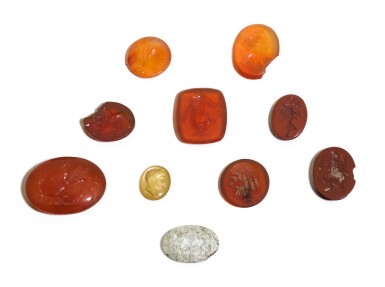 View full screen - View 1 of Lot 192. A SMALL GROUP OF CARNELIAN AND HARDSTONE INTAGLIOS AND MATRICES, VARIOUS DATES AND COUNTRIES OF ORIGINS.