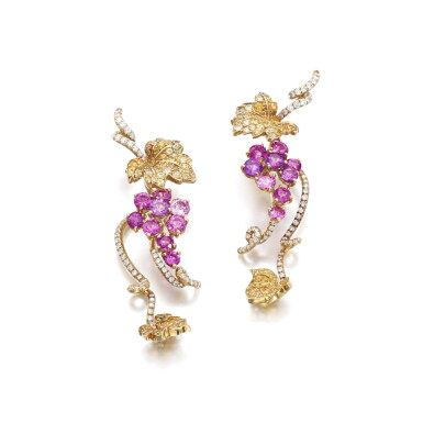 View full screen - View 1 of Lot 1118. Pair of coloured sapphire and diamond earrings.