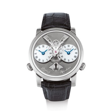 View full screen - View 1 of Lot 2302. MB&F | LEGACY MACHINE 1, REFERENCE 01.WL.W A WHITE GOLD DUAL TIME ZONE WRISTWATCH WITH POWER RESERVE INDICATION, CIRCA 2012 | "Legacy Machine 1 型號01.WL.W 白金兩地時間腕錶,備動力儲備顯示,錶殼編號50W24828,約2012年製".