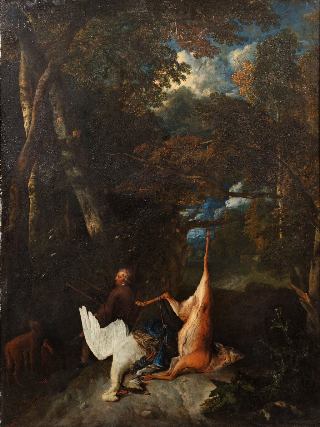 View full screen - View 1 of Lot 89. Landscape with a hunter and a hunting trophy | Paysage au chasseur et au trophée de chasse.