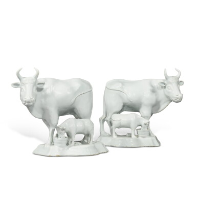 View full screen - View 1 of Lot 54. A pair of Dutch Delft white models of cows and calves, mid-18th century.
