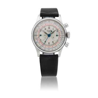 View full screen - View 1 of Lot 12. HEUER | REF 2406 RARE WATERPROOF STAINLESS STEEL CHRONOGRAPH WRISTWATCH CIRCA 1942.