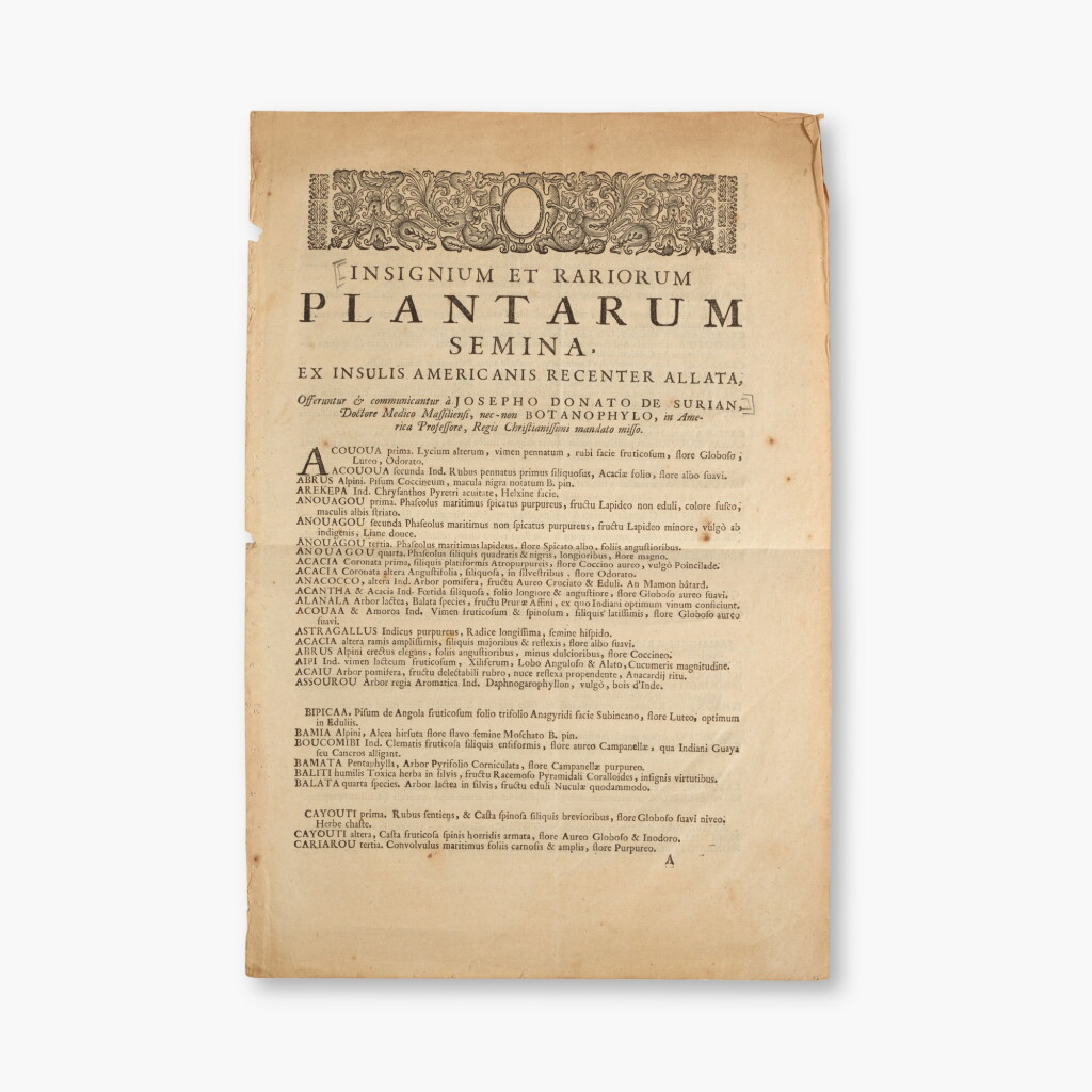 View full screen - View 1 of Lot 100. Surian, Joseph-Donat | Insignium et rariorum plantarum semina: ex insulis Americanis recenter allata, Paris, 1698.