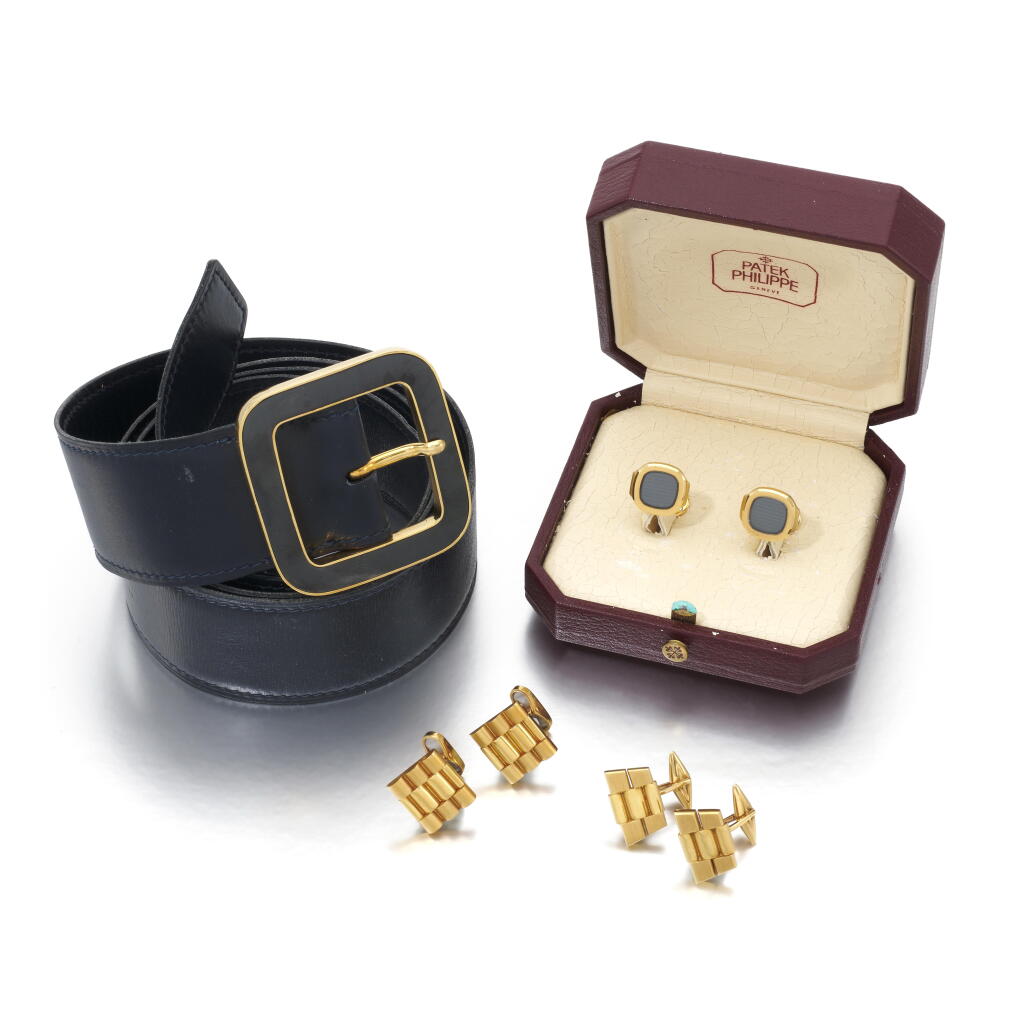 View full screen - View 1 of Lot 131. Three pair of cufflinks and a belt | Tre paia di gemelli ed una cintura .