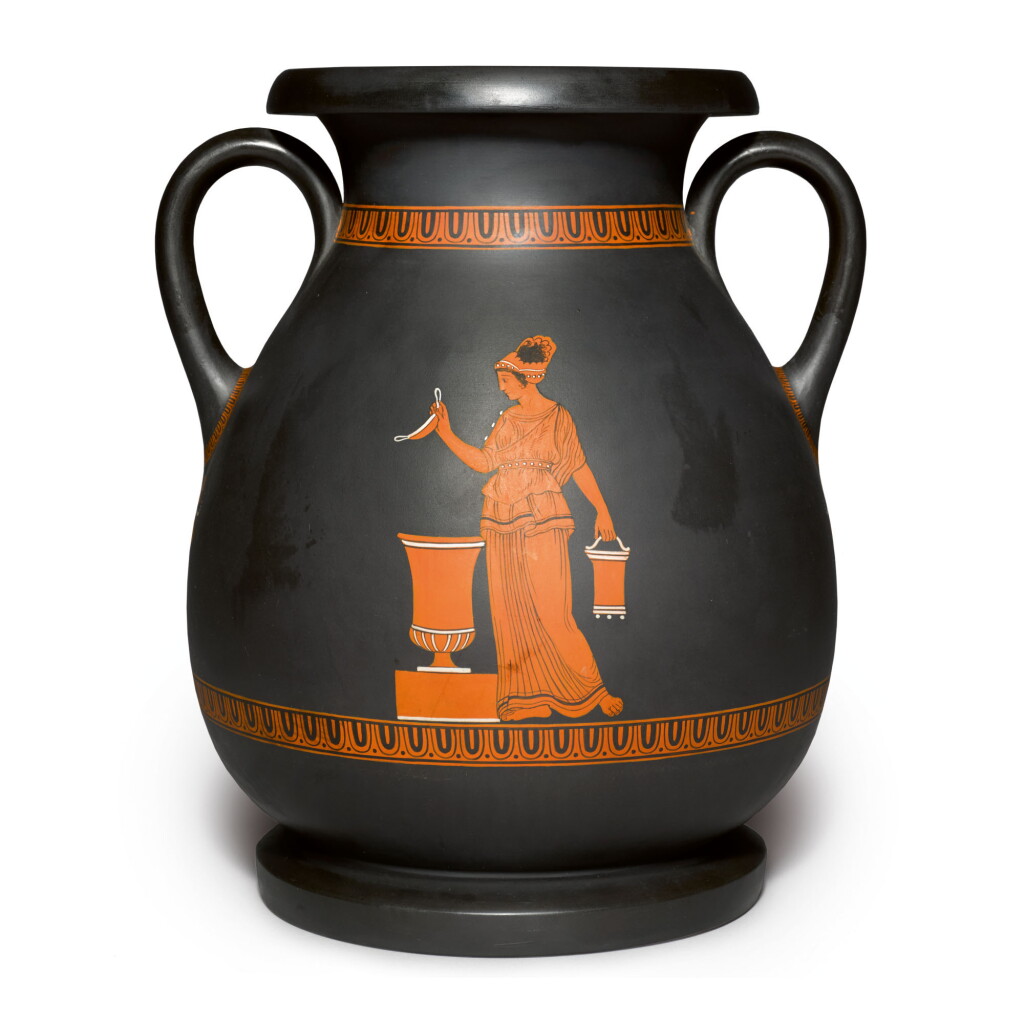 View full screen - View 1 of Lot 124. A WEDGWOOD BLACK BASALT 'ENCAUSTIC'-DECORATED AMPHORA LATE 18TH CENTURY.