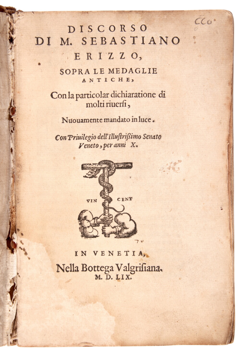 View full screen - View 1 of Lot 514. Erizzo, Discorso sopra le medaglie antiche, Venice, 1559, contemporary limp vellum.