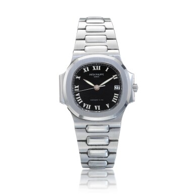 View full screen - View 1 of Lot 64. Reference 3800 Nautilus, Retailed by Tiffany & Co.: A stainless steel automatic wristwatch with date and bracelet, Circa 1995 百達翡麗 3800型號 Nautilus 精鋼自動上鏈鍊帶腕錶備日期顯示,約1996年製,零售商為蒂芙尼.
