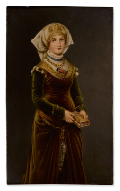 View full screen - View 1 of Lot 227. A Berlin (K.P.M.) Rectangular Plaque of a Lady in Renaissance Costume, Late 19th Century.