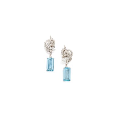 View full screen - View 1 of Lot 110. PAIR OF AQUAMARINE AND DIAMOND EARCLIPS.