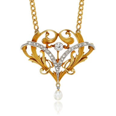 View full screen - View 1 of Lot 157. Pearl and diamond pendant necklace, circa 1900.