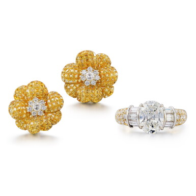 View full screen - View 1 of Lot 505. Diamond Ring; and Pair of Yellow Sapphire and Diamond Ear Clips | 鑽石 戒指 || 及 黃色剛玉 配 鑽石 耳夾一對.