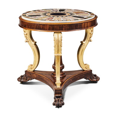 View full screen - View 1 of Lot 512. A Regency Rosewood Parcel Gilt and Specimen Marble Center Table, Circa 1815.