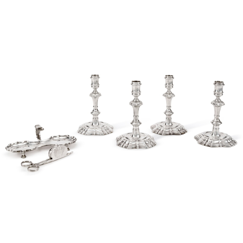 View full screen - View 1 of Lot 40. A Set of Four George II Silver Candlesticks with Snuffers and Stand en suite, James Gould, London, 1738.