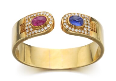 View full screen - View 1 of Lot 27. RUBY, SAPPHIRE AND DIAMOND BANGLE.