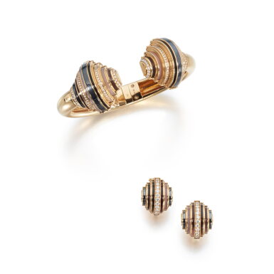 View full screen - View 1 of Lot 712. Gold, gem set and diamond demi-parure, 'Nouvelle Vague'.