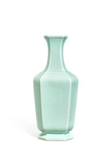 View full screen - View 1 of Lot 3643. A fine and rare celadon-glazed hexagonal vase, Seal mark and period of Qianlong | 清乾隆 粉青釉六方尊 《大清乾隆年製》款.