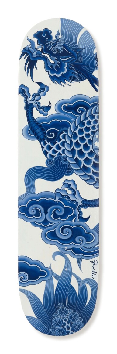 View full screen - View 1 of Lot 4. GUO PEI 郭培 | HAND-PAINTED SKATEBOARD IN UNDERGLAZE BLUE WITH DRAGON MOTIF 手繪青花雲龍紋滑板.