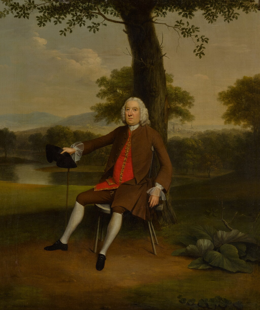 View full screen - View 1 of Lot 236. Portrait of a gentleman in a red waistcoat, his hat and cane in his hand, before a riverbank.