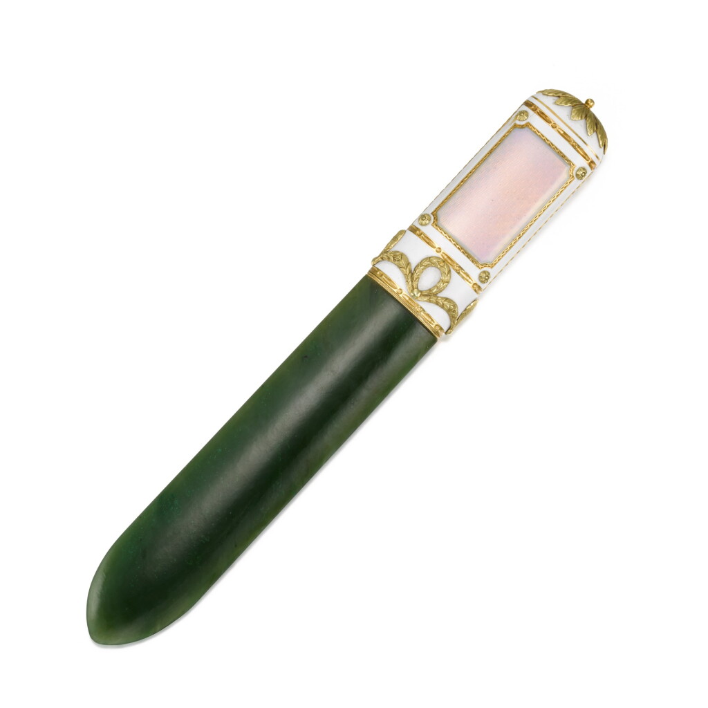 View full screen - View 1 of Lot 100. A varicoloured gold-mounted guilloché enamel and nephrite paperknife, probably Fabergé, St Petersburg, circa 1900.