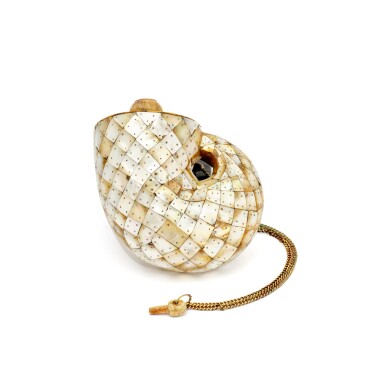 View full screen - View 1 of Lot 117. An Indo-Portuguese Mother-of-Pearl Powder Horn, Gujurat, 17th/18th Century.