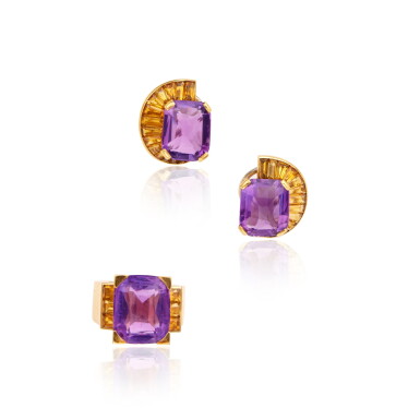 View full screen - View 1 of Lot 390. Gold, Amethyst and Citrine Ring by René Boivin and Pair of Earclips, France.