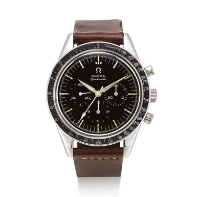 View full screen - View 1 of Lot 2206. OMEGA | SPEEDMASTER, REFERENCE 2998-61 A STAINLESS STEEL CHRONOGRAPH WRISTWATCH, CIRCA 1962 " | 奧米茄 | Speedmaster 型號2998-61 精鋼計時腕錶,機芯編號18494116,約1962年製".