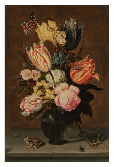 View full screen - View 1 of Lot 531. Floral still life with a rose, wallflower, tulip, white rose, dog rose, columbines, African violets and an iris in a glass vase, with a caterpillar, blowfly, thistle butterfly, frog and a sand lizard on a stone plinth.