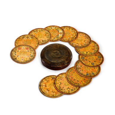View full screen - View 1 of Lot 1. A set of twelve Elizabethan polychrome decorated sycamore roundels, late 16th/early 17th century.