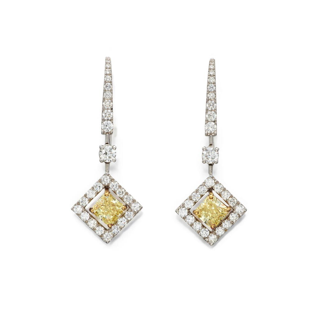 View full screen - View 1 of Lot 151. Pair of Fancy Yellow Diamond and Diamond Pendant-Earrings .