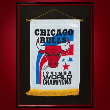 View full screen - View 1 of Lot 4. Michael Jordan Signed Chicago Bulls 1991 NBA World Champions Banner.