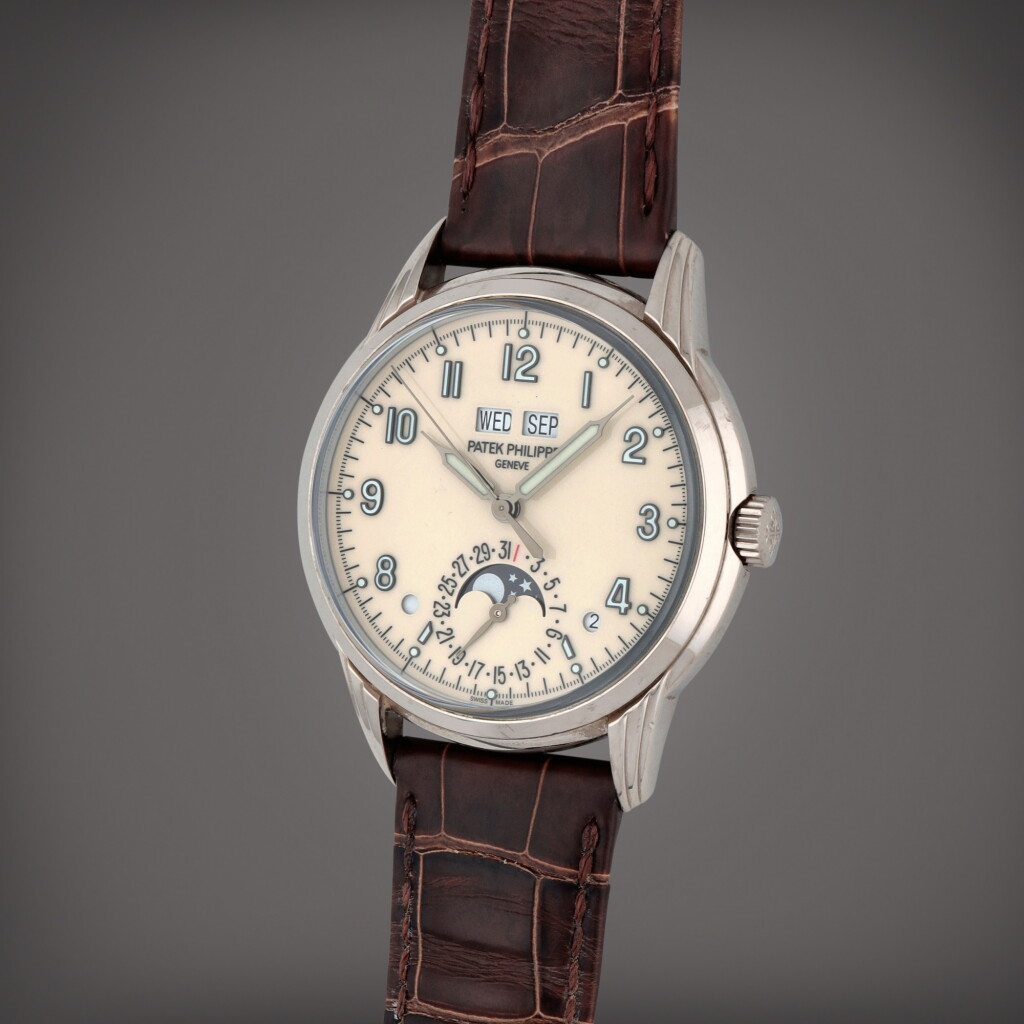 View full screen - View 1 of Lot 92. Reference 5320 | A white gold perpetual calendar wristwatch with moon phases, day/night and leap year indication | Circa 2017.