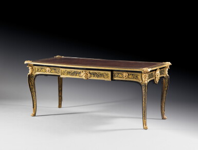 View full screen - View 1 of Lot 30. A gilt-bronze mounted Boulle marquetry writing desk, Louis XV, circa 1760, after a model by André-Charles Boulle | Bureau plat en placage d'ébène, bois noirci et écaille brune d'époque Louis XV, vers 1760, d'après un modèle d'André-Charles Boulle.