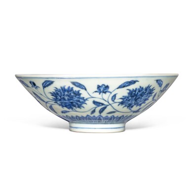 View full screen - View 1 of Lot 48. A blue and white conical 'herbaceous peony' bowl, Mark and period of Xuande.