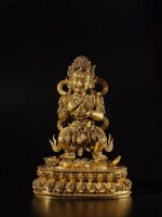 A large inscribed gilt-bronze figure of Panjarnata Mahakala, Ming dynasty, dated Zhengde jiaxu year, corresponding to 1514 | 明正德甲戌年 (1514年) 銅鎏金寶帳大黑天像