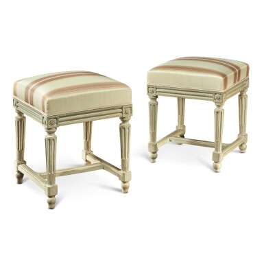 View full screen - View 1 of Lot 185. A PAIR OF LOUIS XVI CARVED AND GREY-PAINTED TABOURETS, CIRCA 1770.